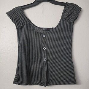 Love Youth Large Ribbed Striped Button Front Top Black Grey Short Sleeve L